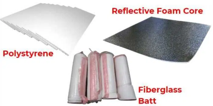 Garage door insulation materials including rigid foam, reflective material, and fiberglass