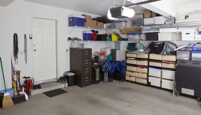 Clean and organized garage prepared before temporary party decorations are installed