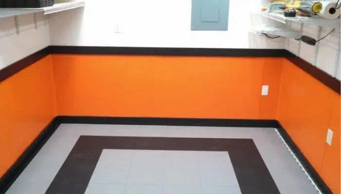 Orange, black, and white themed garage walls