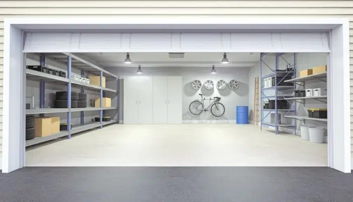 Organized garage with very light gray walls