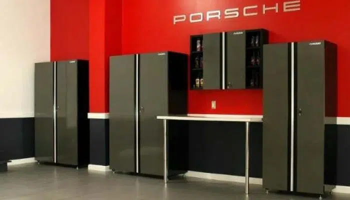 Red accent wall with charcoal garage finishes