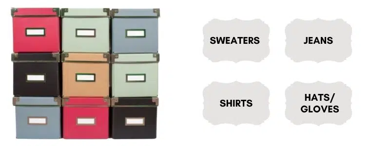 Labeled bins for sweaters, shirts, jeans, hats, and gloves