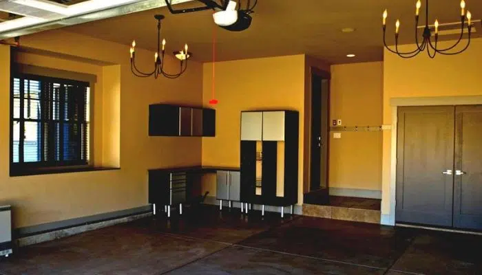 Garage with bold orange accent wall