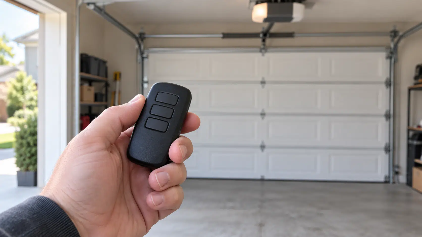 Generic illustration of a hand holding an unbranded garage door remote