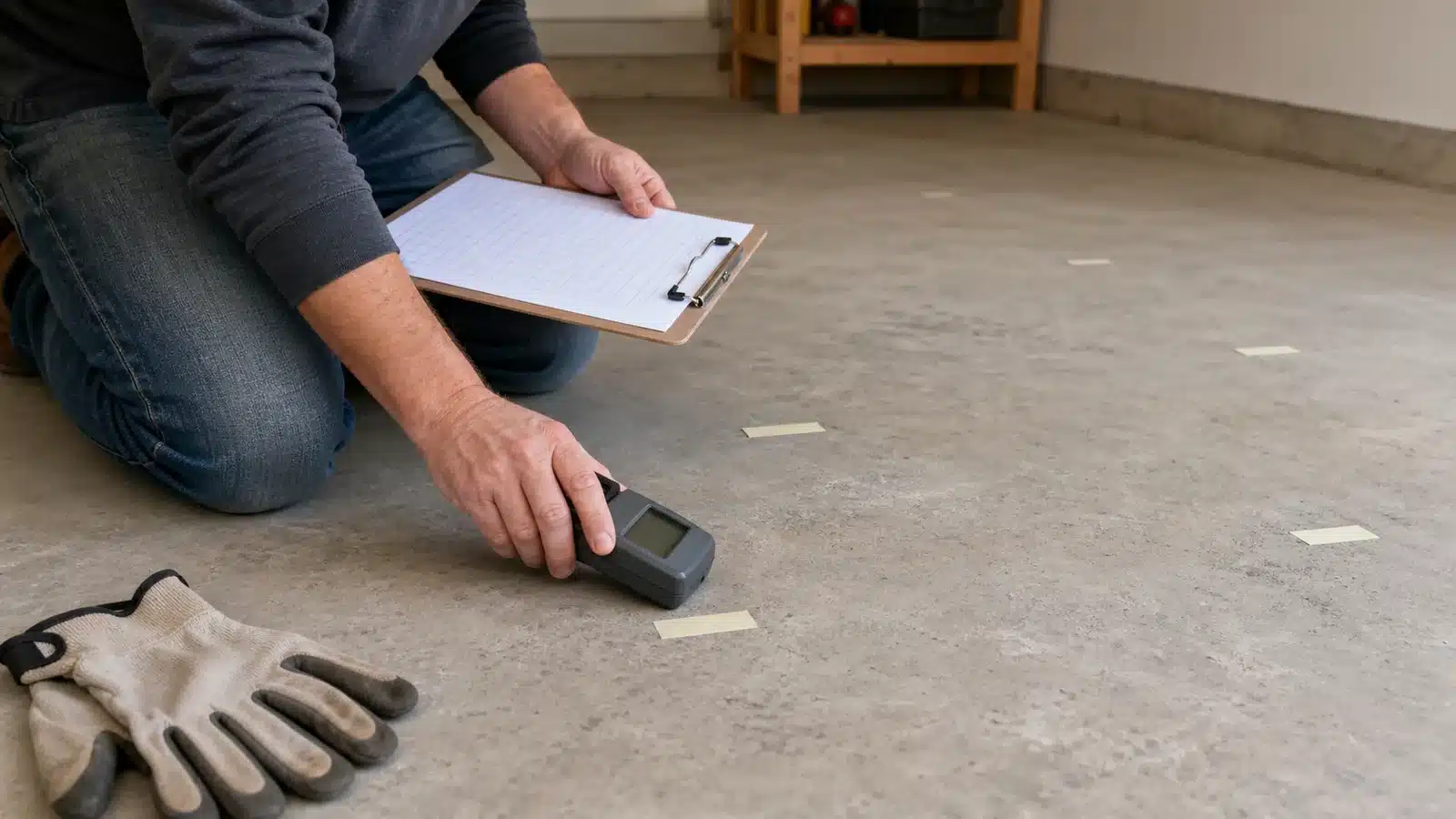Unbranded pinless moisture meter held flat against a bare concrete garage floor