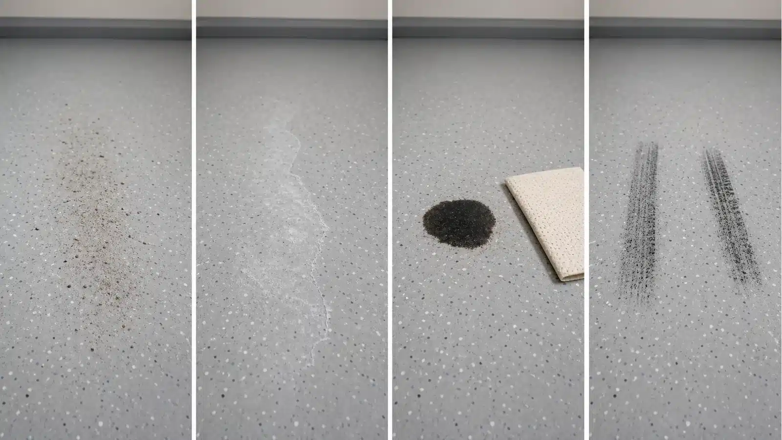 Four coated garage floor examples showing dry grit, pale salt film, a small oil spot and tire-transfer marks