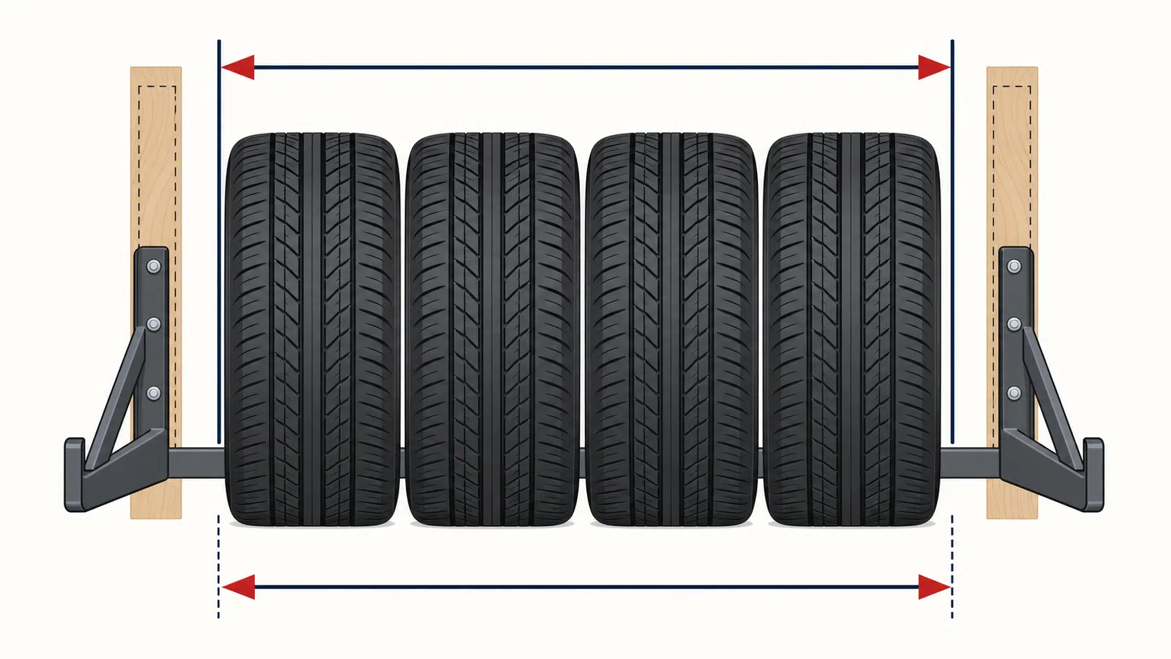 Diagram comparing the total width of four tires with a wall rack's usable inside width