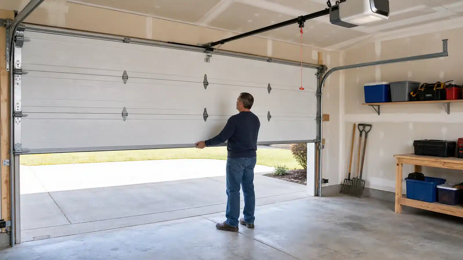 Homeowner checking a sectional garage door at a partially open position after disconnecting the opener