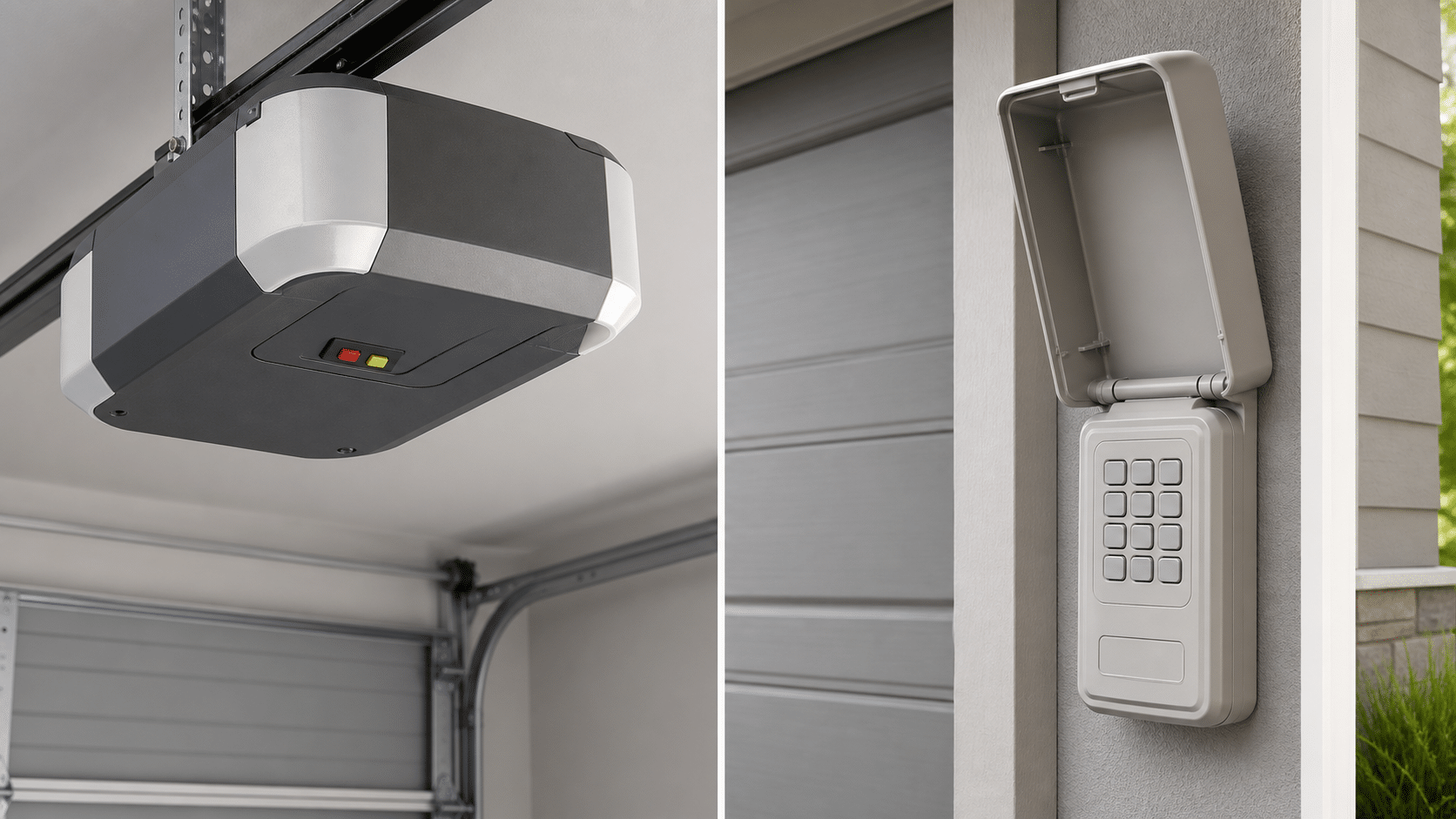Illustration showing a close garage-door opener identification area beside a keypad with a full enclosure cover