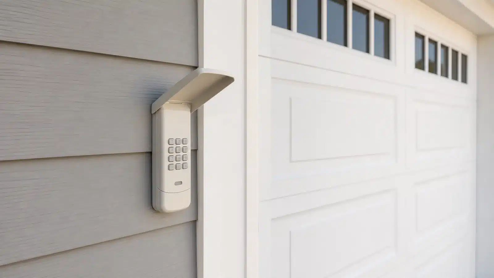 Outdoor garage door keypad mounted beside a white garage door