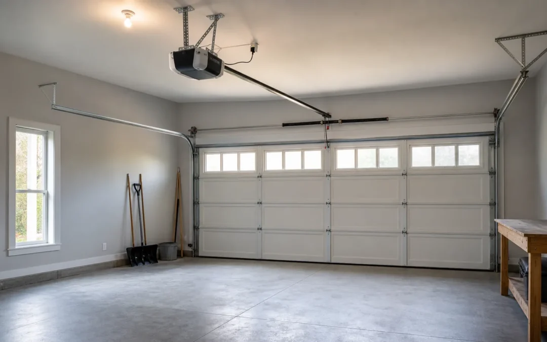 Unbranded ceiling-mounted garage door opener above a closed sectional door