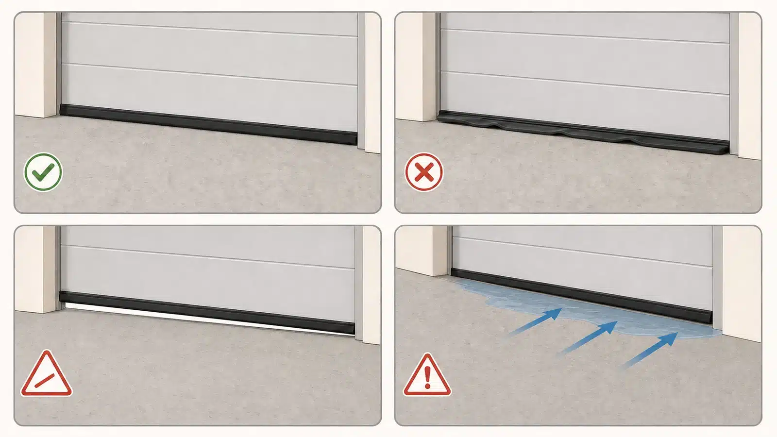 Conceptual examples of correct seal fit, excess material, an uneven gap, and drainage