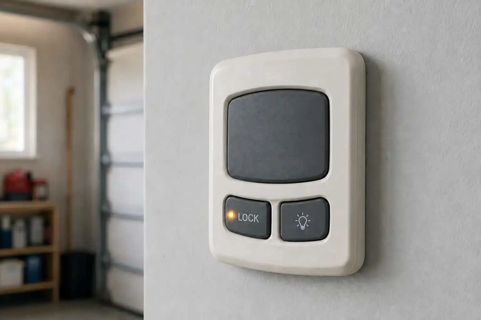 Generic garage door wall control with the LOCK indicator illuminated