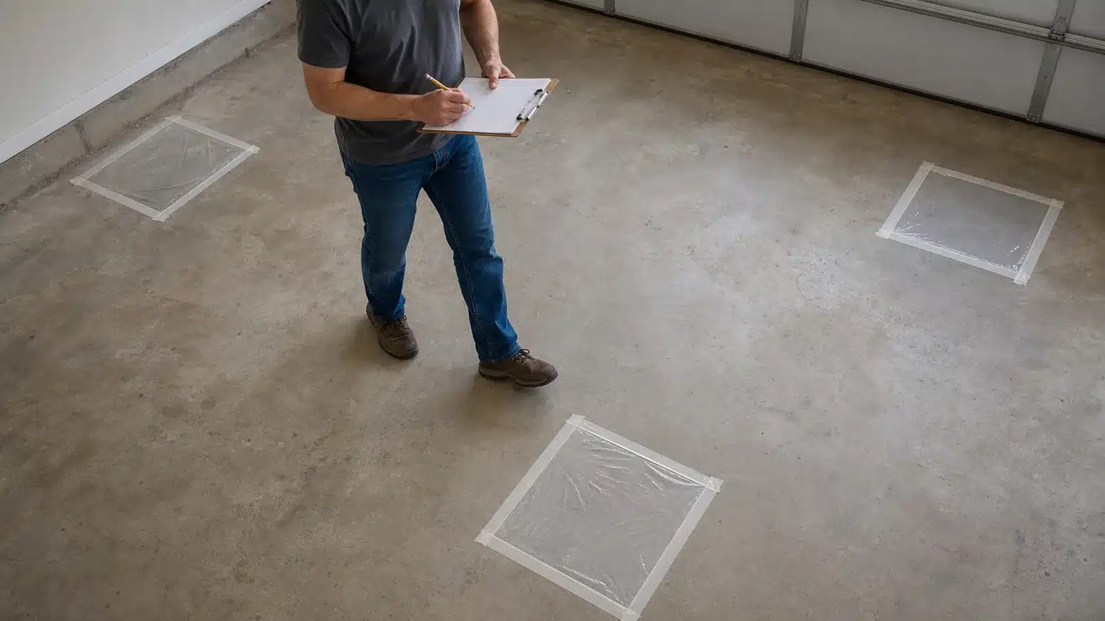 Three clear plastic moisture-test sheets placed at different locations on a bare garage floor