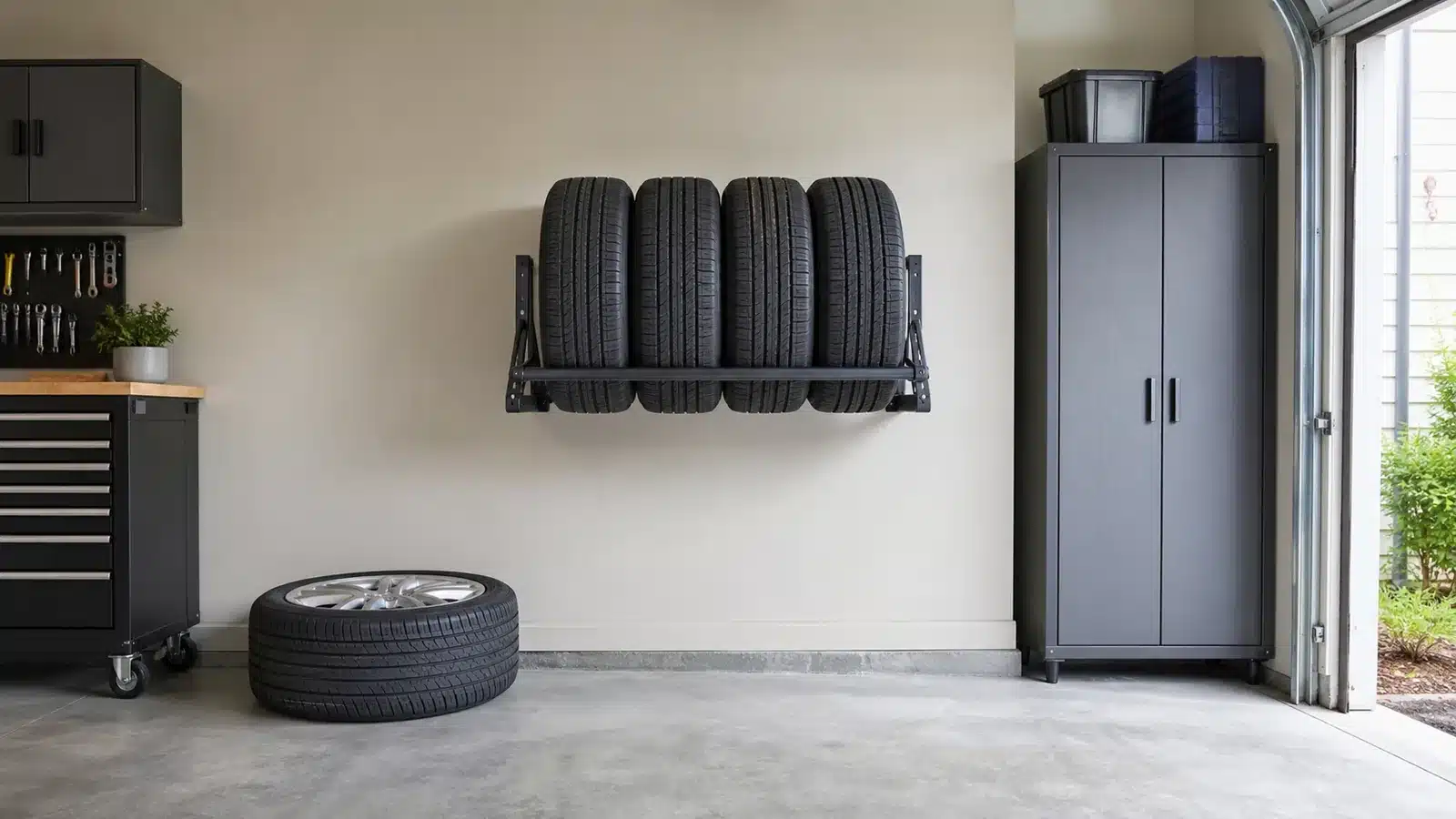 Tires stored neatly in a garage