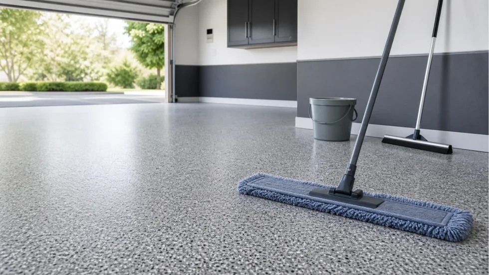 Microfiber floor mop, bucket and squeegee on a clean gray flake-coated garage floor