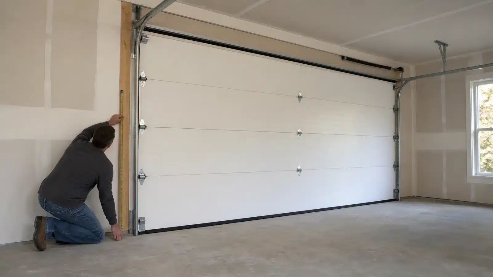 Homeowner measuring the height of a closed sectional garage door at the inside jamb