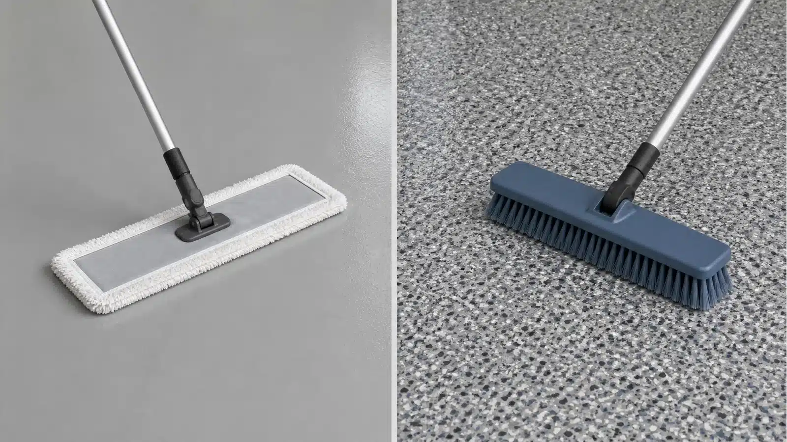 Microfiber mop on a smooth gray coated floor beside a nylon deck brush on a textured decorative flake floor