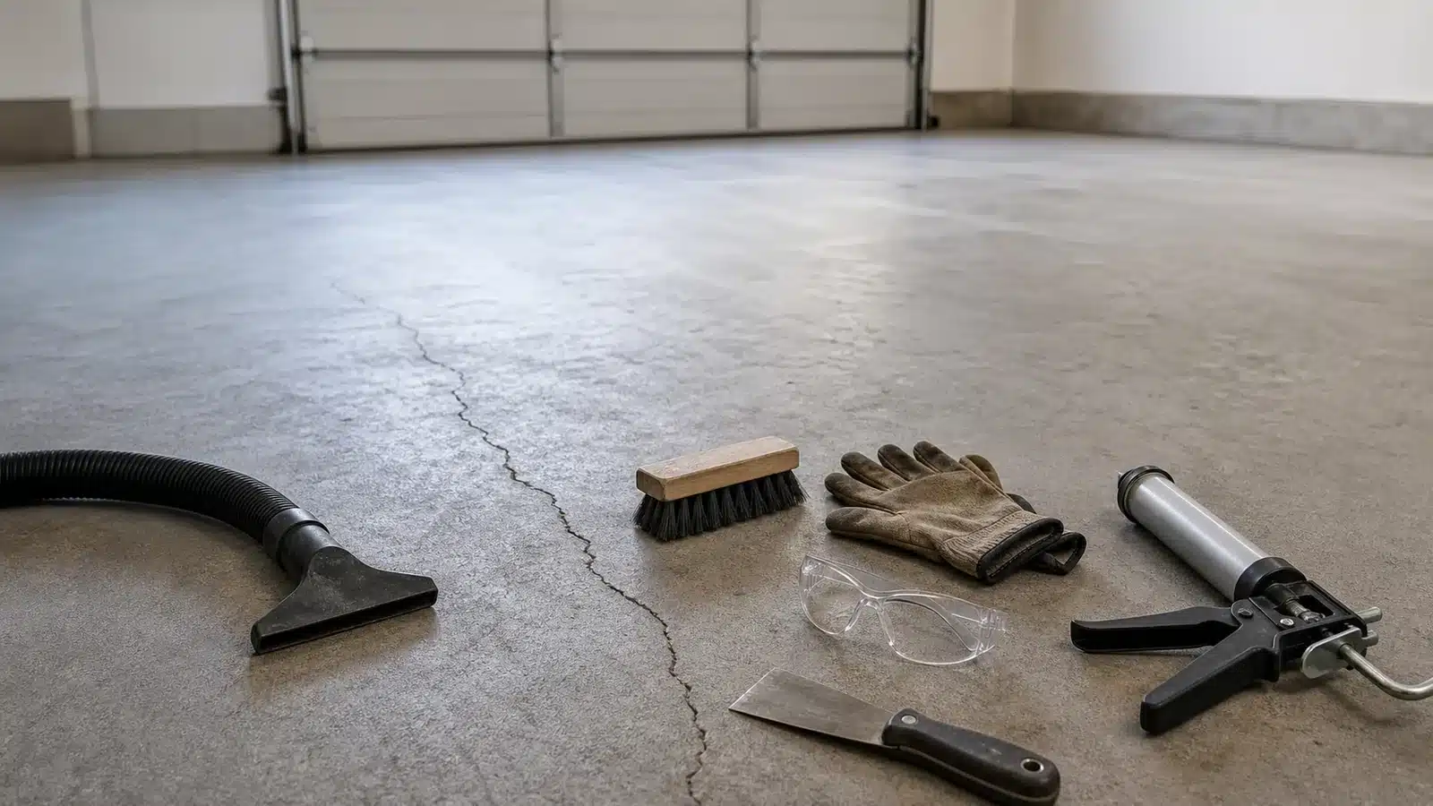 Concrete garage floor crack with brush, vacuum hose, gloves, safety glasses, scraper and caulk gun