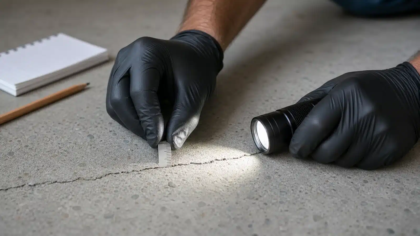 Gloved hands inspecting a flat garage floor crack with a small metal rule and flashlight