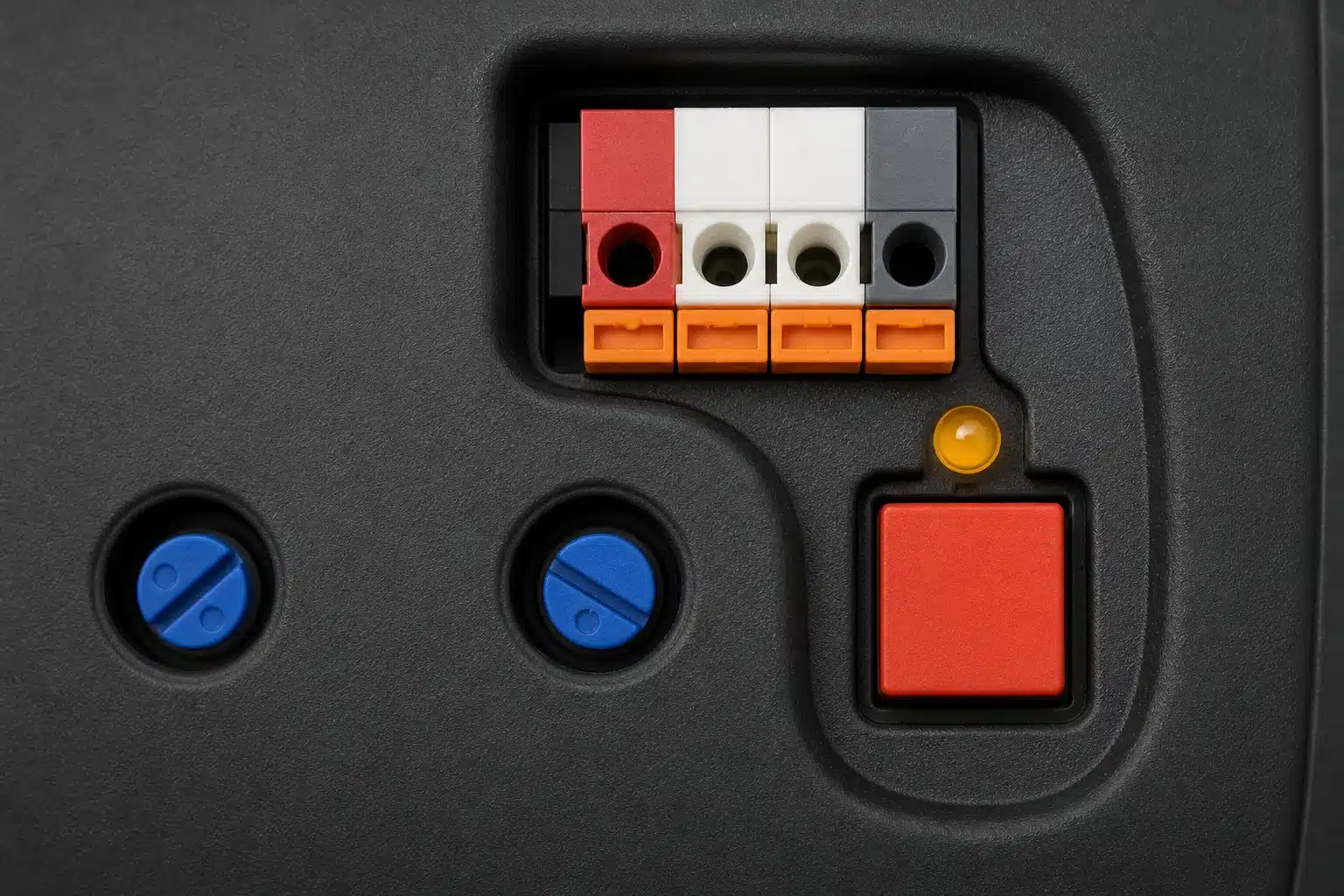 Illustrated close-up of a red-orange garage door opener LEARN button