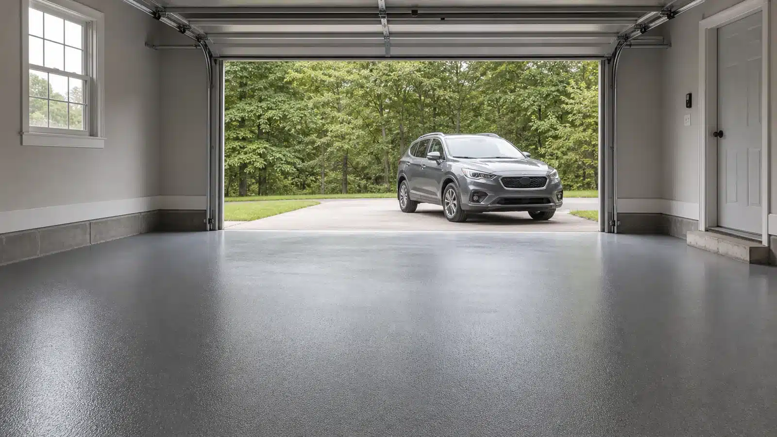 Generic unbranded SUV waiting outside an empty garage with a newly coated gray floor