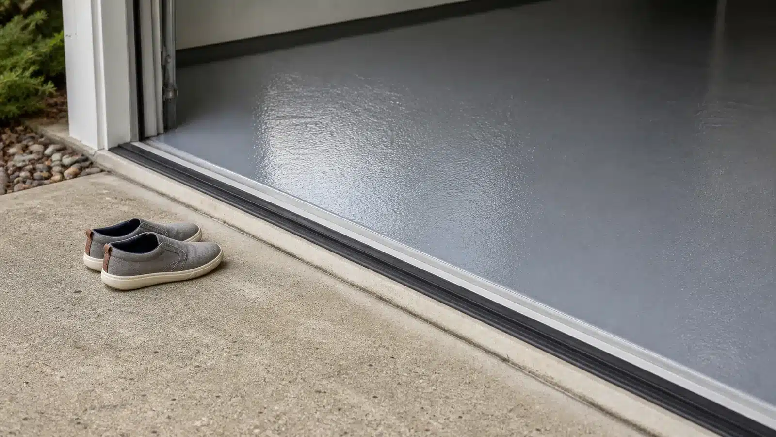 Clean shoes left outside the threshold of a newly coated gray garage floor
