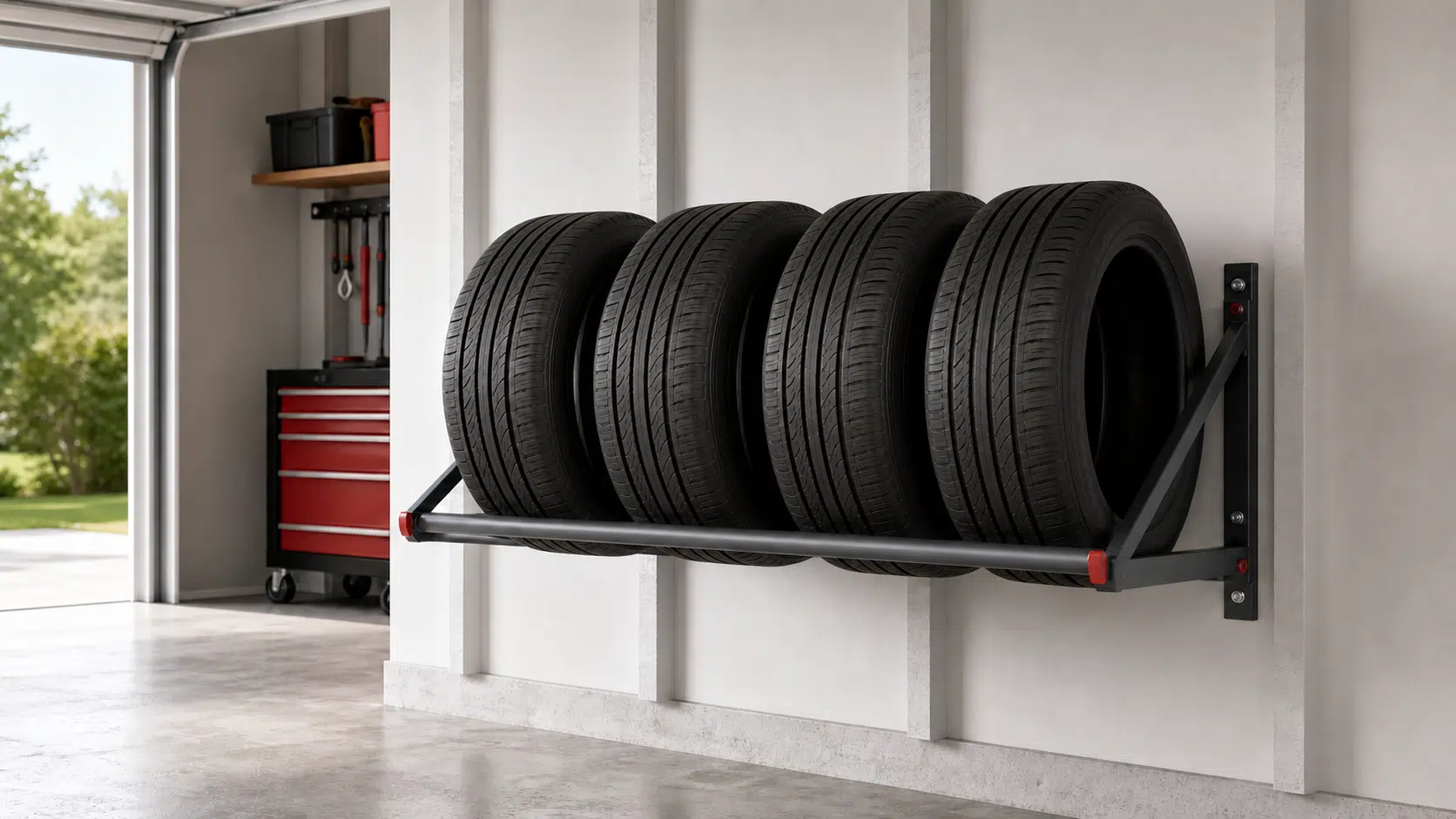 Illustration of four unmounted tires on a generic wall-mounted rack