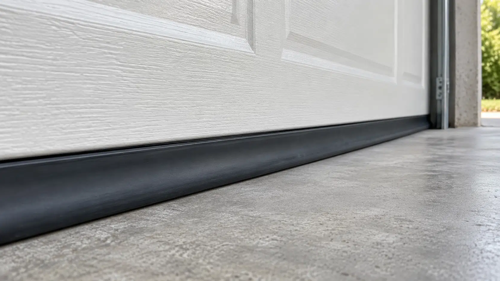 Illustrative close-up of a black garage-door bottom seal meeting a concrete floor