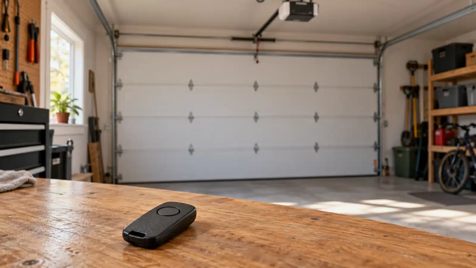 Generic garage remote on a workbench with a closed sectional garage door behind it