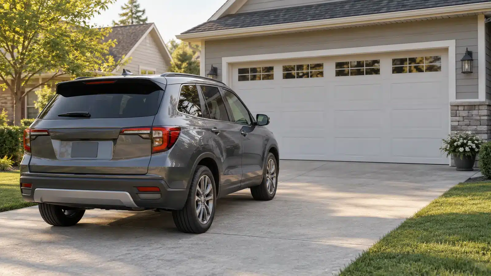 Generic SUV parked in front of a residential garage